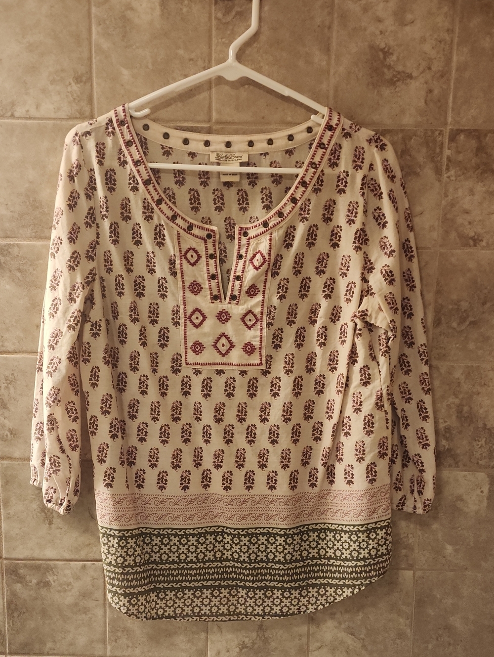 Lucky Brand Cream Tunic with Burgundy Geometric Print and Green Hem Detail